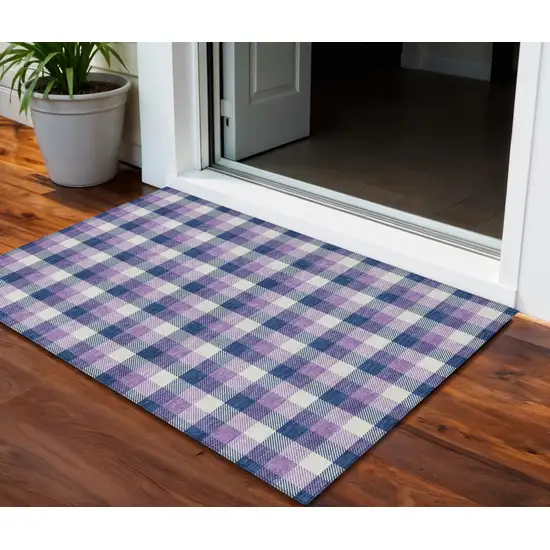 Navy Blue Purple And Beige Plaid Washable Indoor Outdoor Area Rug Photo 1
