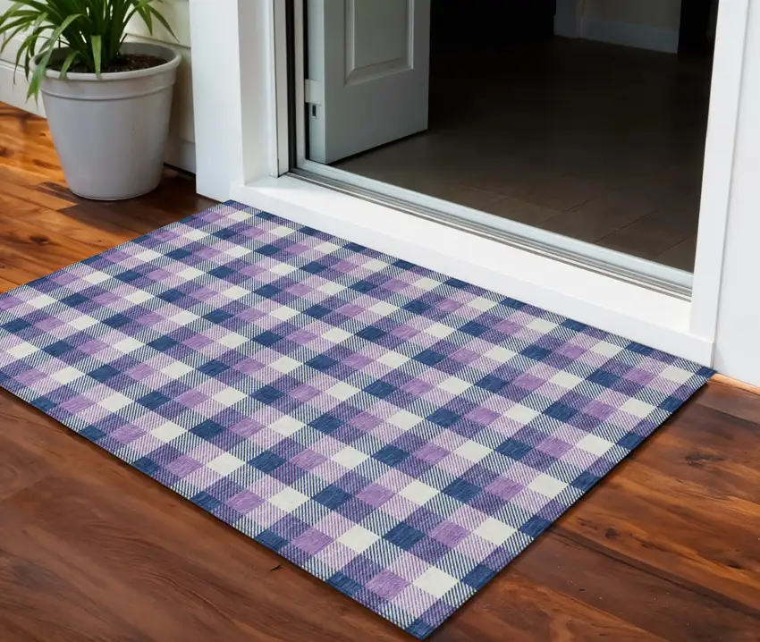 Navy Blue Purple And Beige Plaid Washable Indoor Outdoor Area Rug Photo 1