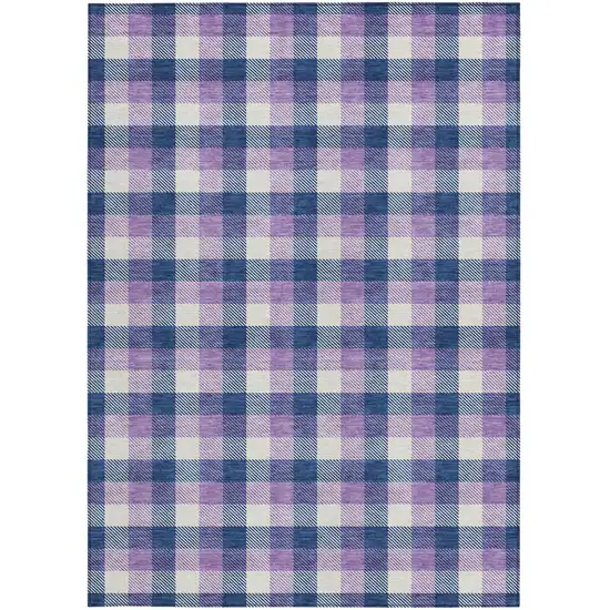 Navy Blue Purple And Beige Plaid Washable Indoor Outdoor Area Rug Photo 5