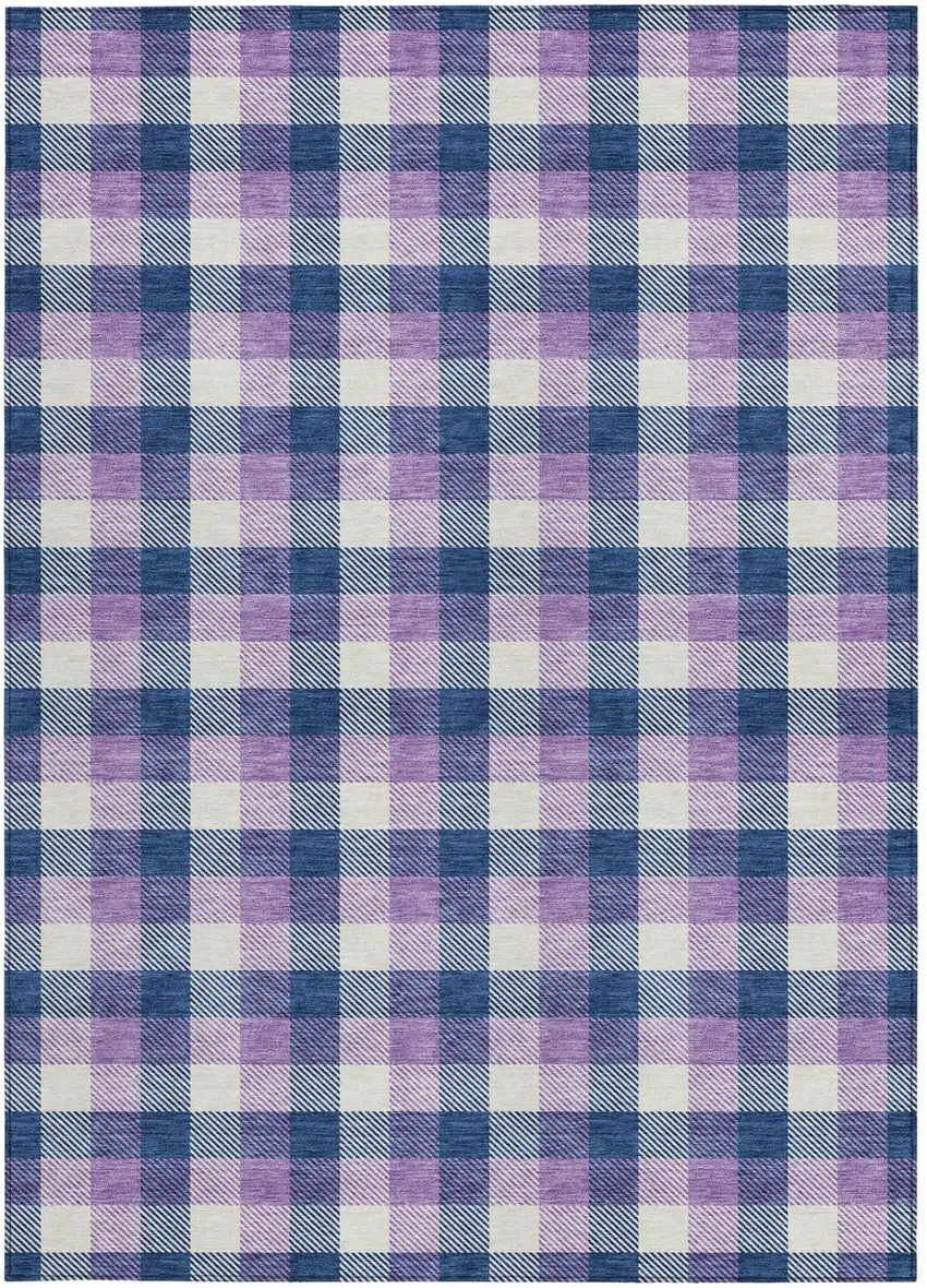 Navy Blue Purple And Beige Plaid Washable Indoor Outdoor Area Rug Photo 5