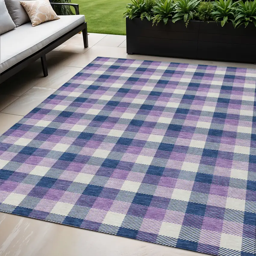 Navy Blue Purple And Beige Plaid Washable Indoor Outdoor Area Rug Photo 1