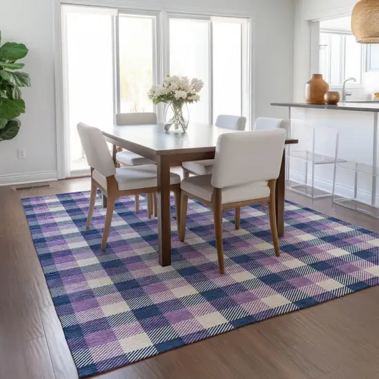 Navy Blue Purple And Beige Plaid Washable Indoor Outdoor Area Rug Photo 8