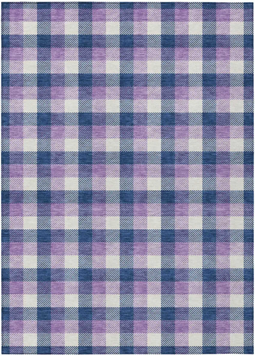 Navy Blue Purple And Beige Plaid Washable Indoor Outdoor Area Rug Photo 2