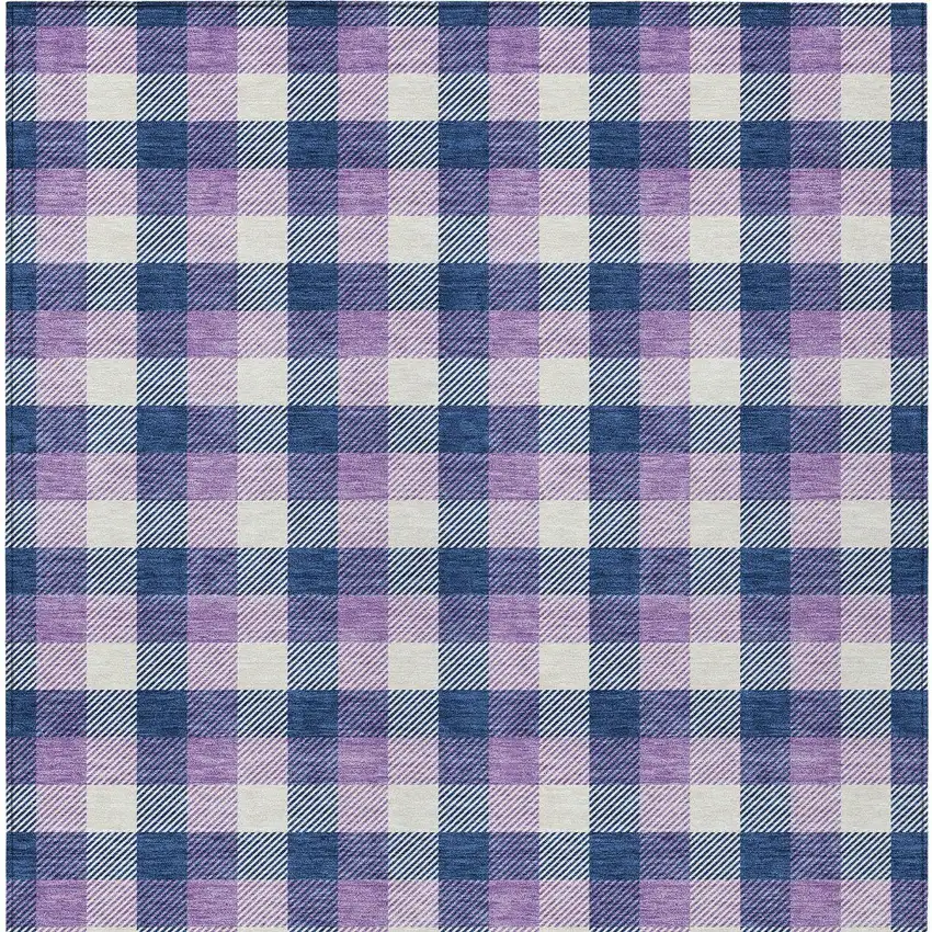 Navy Blue Purple And Beige Plaid Washable Indoor Outdoor Area Rug Photo 5