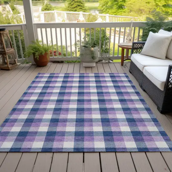 Navy Blue Purple And Beige Plaid Washable Indoor Outdoor Area Rug Photo 6