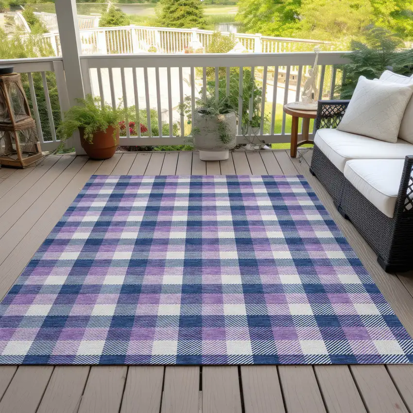 Navy Blue Purple And Beige Plaid Washable Indoor Outdoor Area Rug Photo 6