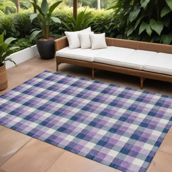 Navy Blue Purple And Beige Plaid Washable Indoor Outdoor Area Rug Photo 1