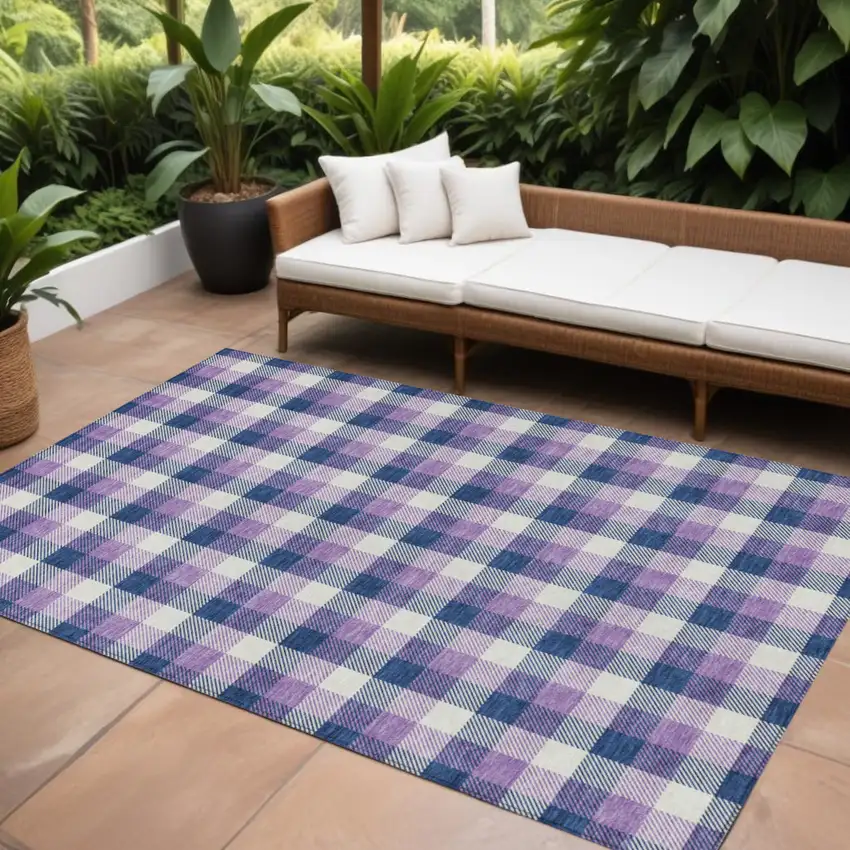 Navy Blue Purple And Beige Plaid Washable Indoor Outdoor Area Rug Photo 1
