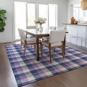 Photo of Navy Blue Purple And Beige Plaid Washable Indoor Outdoor Area Rug
