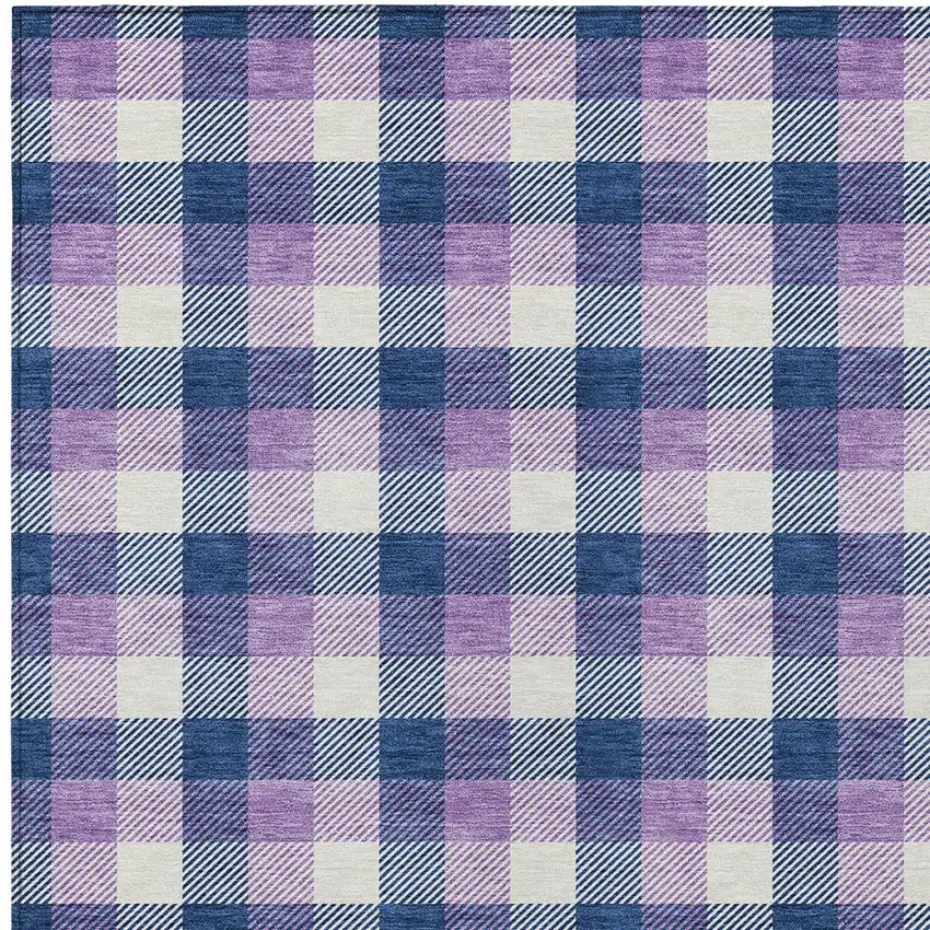 Navy Blue Purple And Beige Plaid Washable Indoor Outdoor Area Rug Photo 4