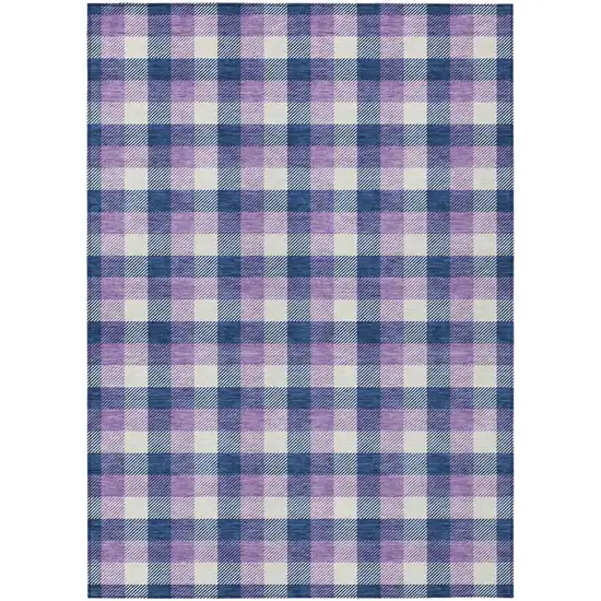 Navy Blue Purple And Beige Plaid Washable Indoor Outdoor Area Rug Photo 2