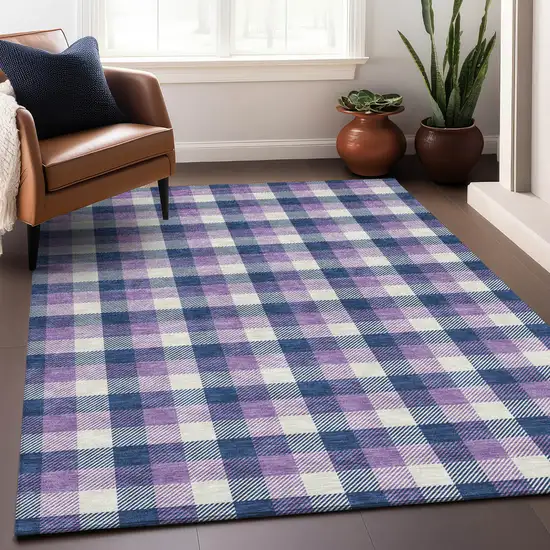 Navy Blue Purple And Beige Plaid Washable Indoor Outdoor Area Rug Photo 7