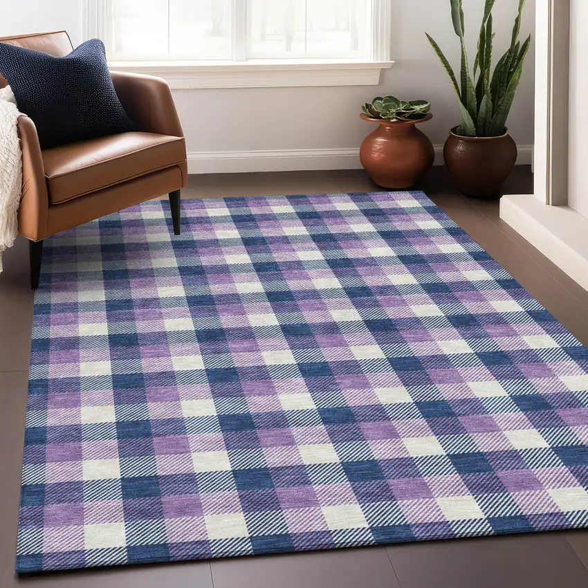 Navy Blue Purple And Beige Plaid Washable Indoor Outdoor Area Rug Photo 7