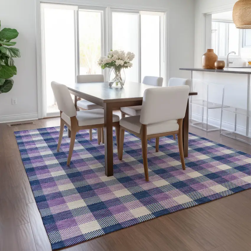 Navy Blue Purple And Beige Plaid Washable Indoor Outdoor Area Rug Photo 8
