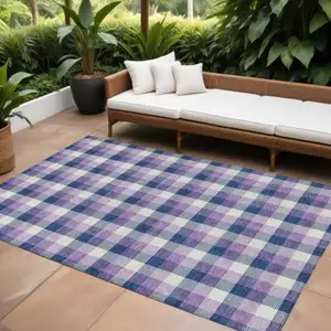 Photo of Navy Blue Purple And Beige Plaid Washable Indoor Outdoor Area Rug