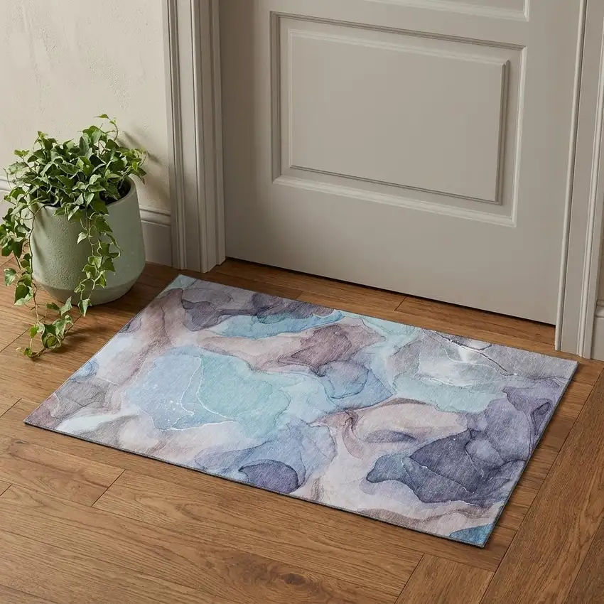 Navy Blue Purple And Gray Abstract Washable Area Rug With UV Protection Photo 1