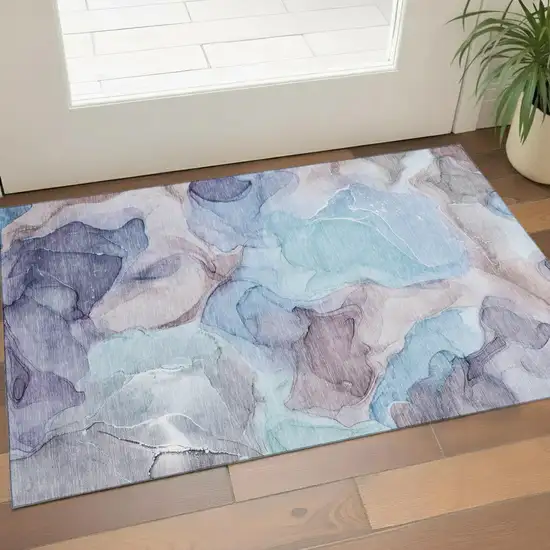 Navy Blue Purple And Gray Abstract Washable Area Rug With UV Protection Photo 1