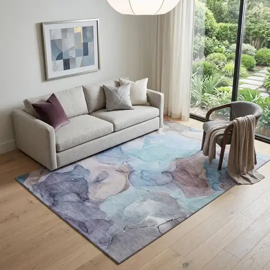 Navy Blue Purple And Gray Abstract Washable Area Rug With UV Protection Photo 1