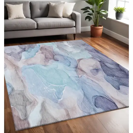 Navy Blue Purple And Gray Abstract Washable Area Rug With UV Protection Photo 2