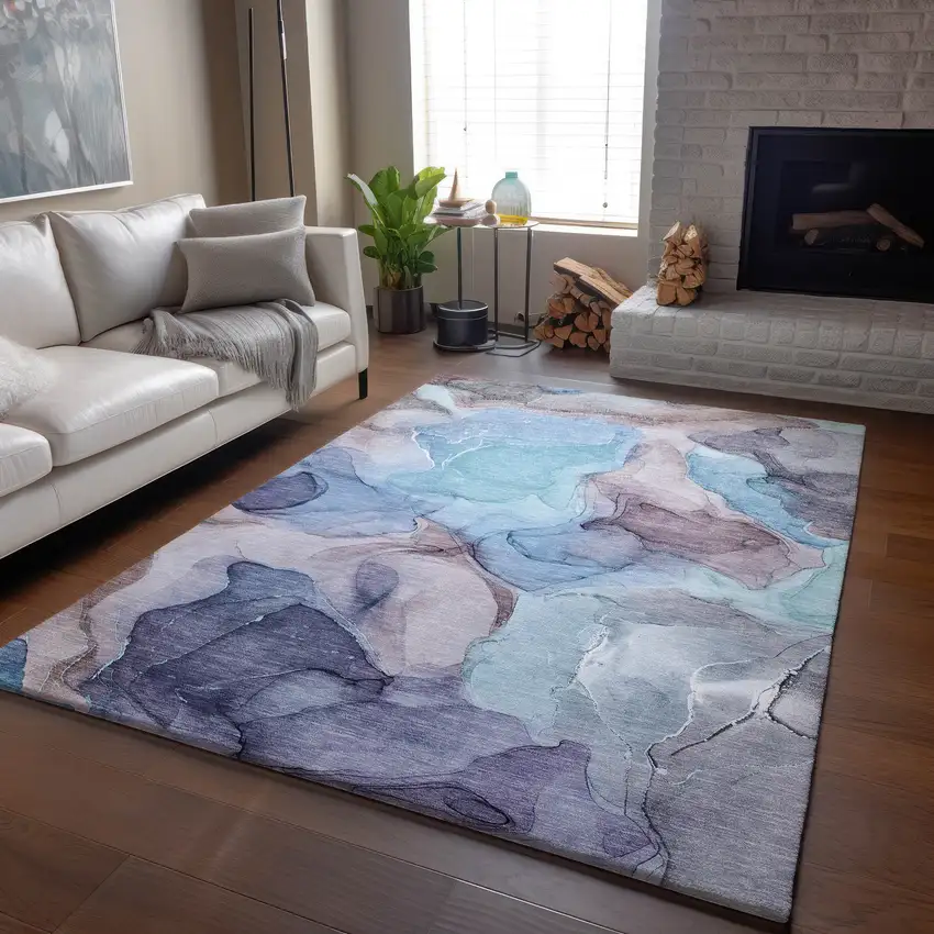 Navy Blue Purple And Gray Abstract Washable Area Rug With UV Protection Photo 6