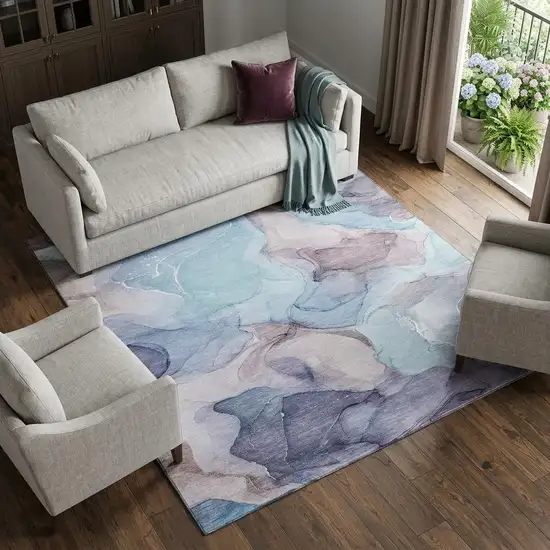 Navy Blue Purple And Gray Abstract Washable Area Rug With UV Protection Photo 1