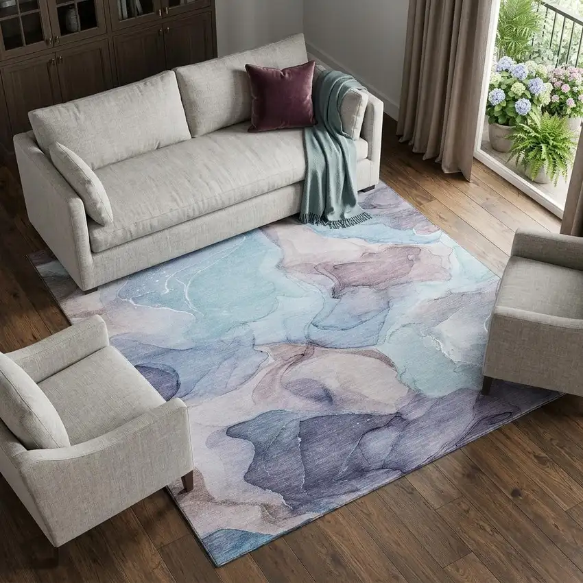 Navy Blue Purple And Gray Abstract Washable Area Rug With UV Protection Photo 1