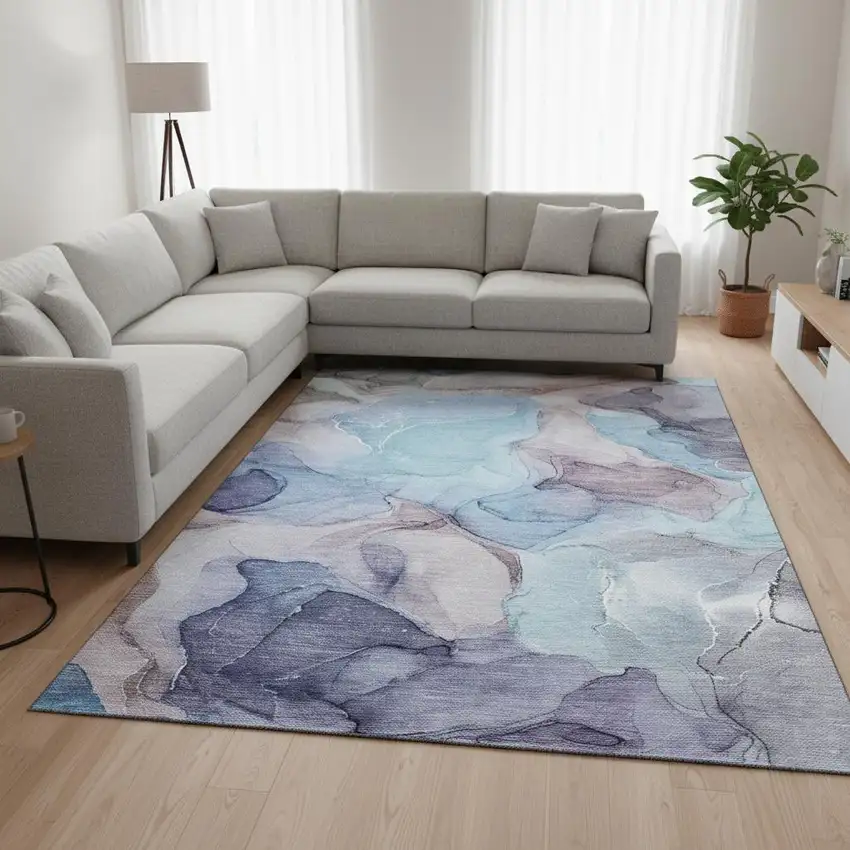 Navy Blue Purple And Gray Abstract Washable Area Rug With UV Protection Photo 1