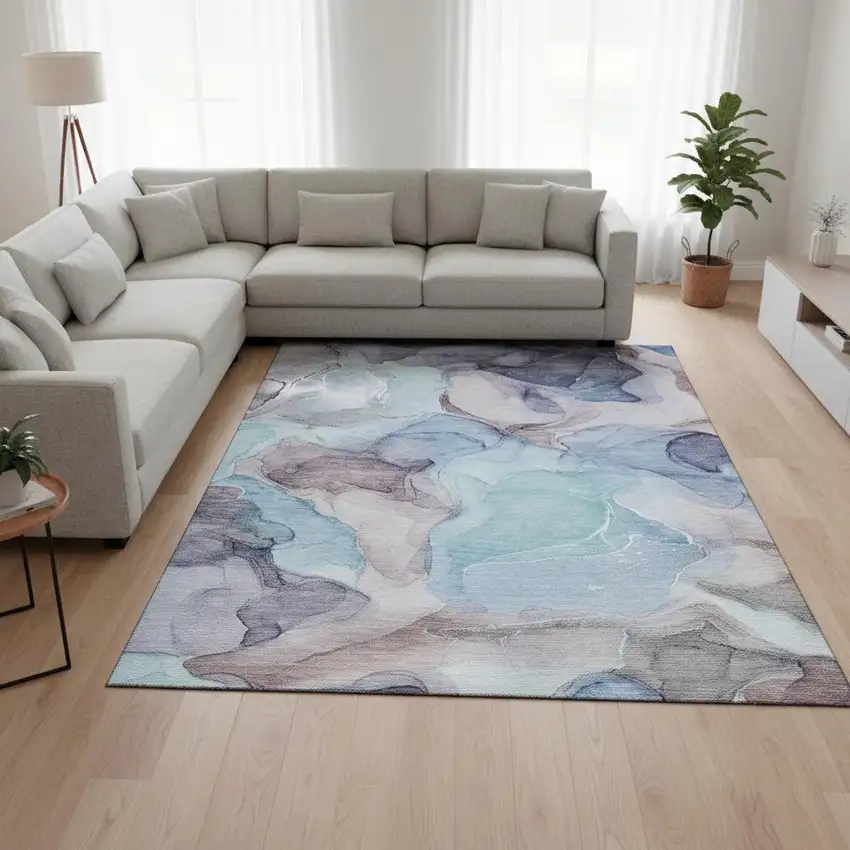 Navy Blue Purple And Gray Abstract Washable Area Rug With UV Protection Photo 1