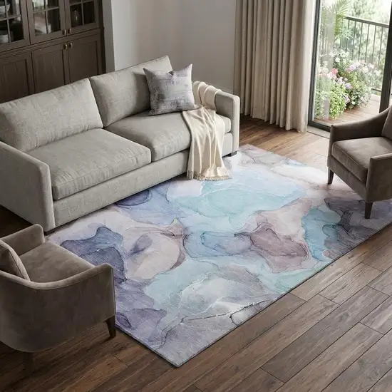 Navy Blue Purple And Gray Abstract Washable Area Rug With UV Protection Photo 1