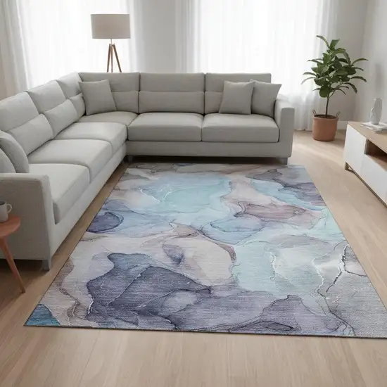 Navy Blue Purple And Gray Abstract Washable Area Rug With UV Protection Photo 1