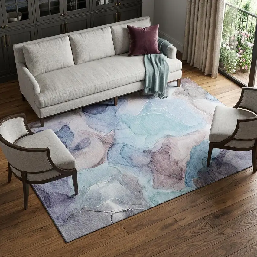 Navy Blue Purple And Gray Abstract Washable Area Rug With UV Protection Photo 1