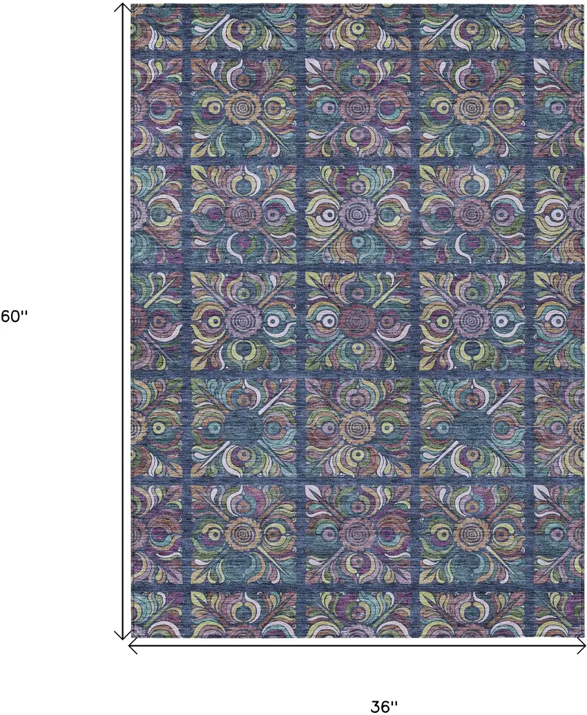 Navy Blue Purple And Teal Blue Medallion Washable Indoor Outdoor Area Rug Photo 3