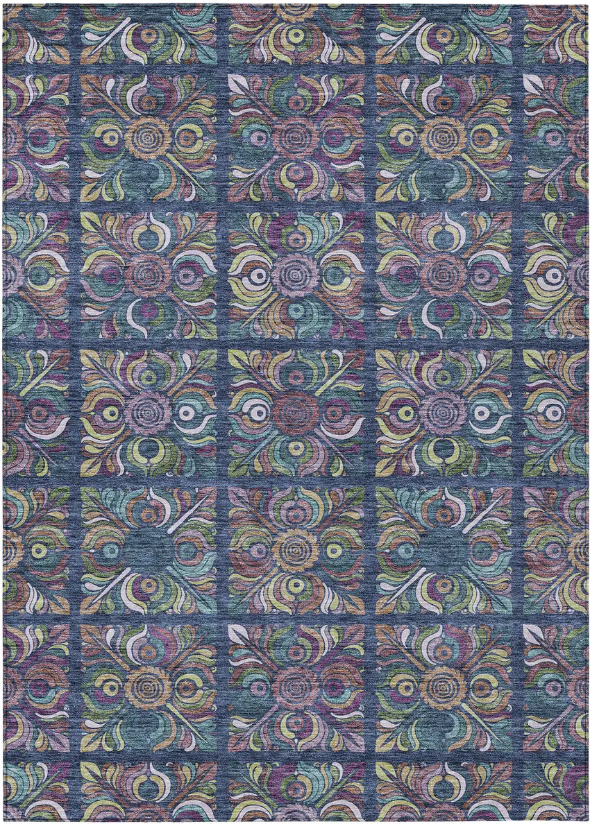 Navy Blue Purple And Teal Blue Medallion Washable Indoor Outdoor Area Rug Photo 2