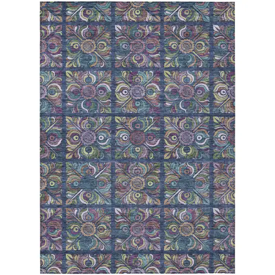 Navy Blue Purple And Teal Blue Medallion Washable Indoor Outdoor Area Rug Photo 2
