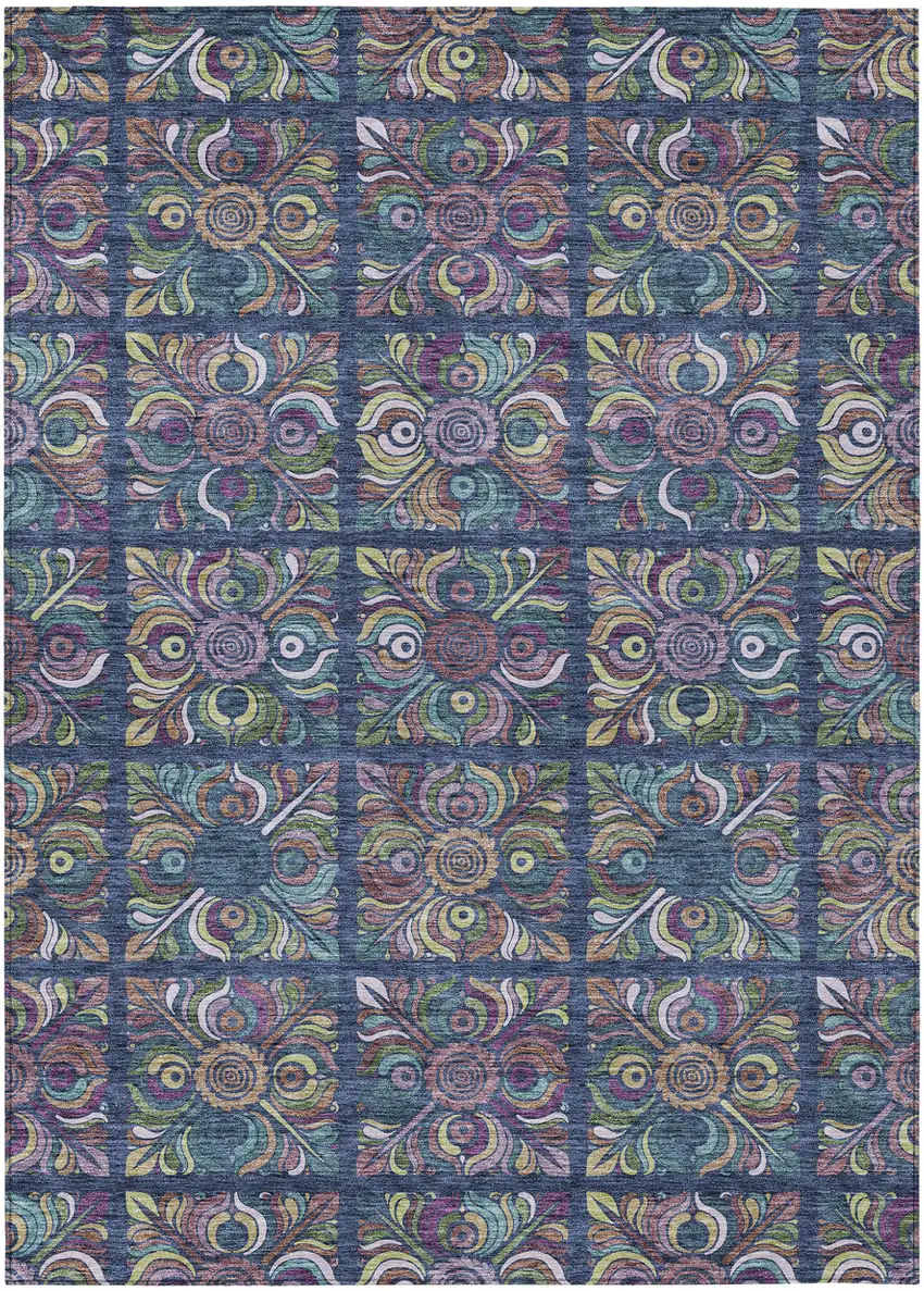 Navy Blue Purple And Teal Blue Medallion Washable Indoor Outdoor Area Rug Photo 2