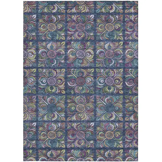 Navy Blue Purple And Teal Blue Medallion Washable Indoor Outdoor Area Rug Photo 8