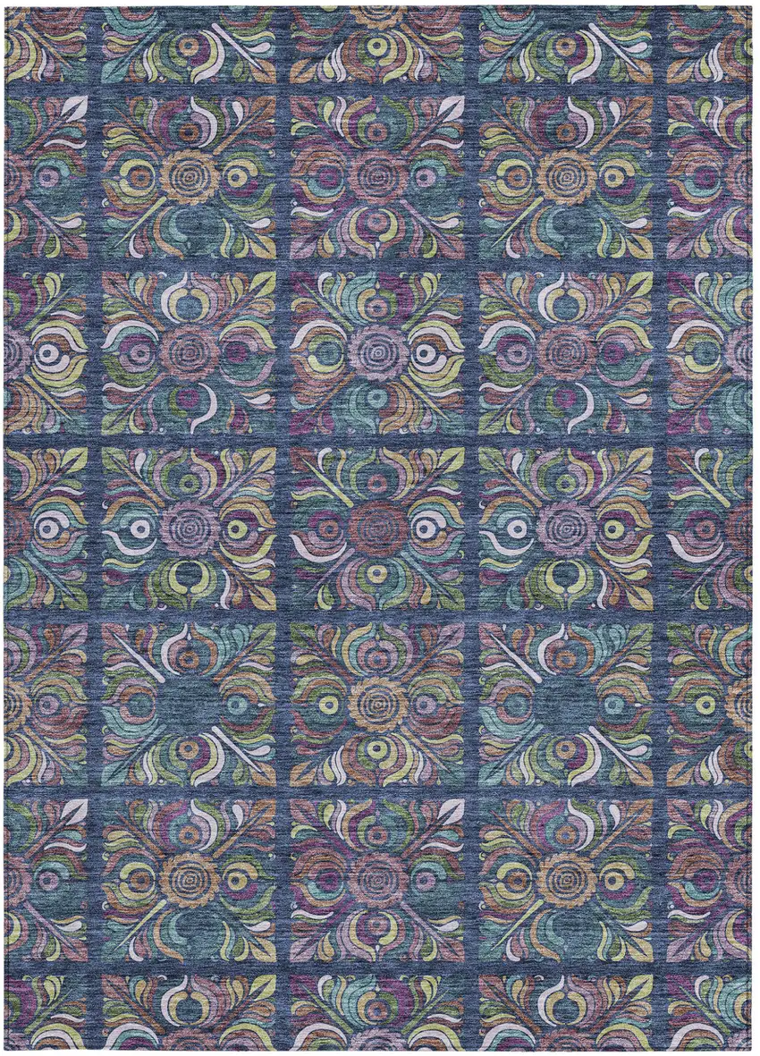 Navy Blue Purple And Teal Blue Medallion Washable Indoor Outdoor Area Rug Photo 8