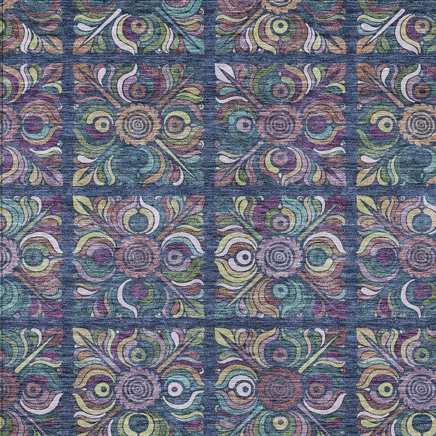 Navy Blue Purple And Teal Blue Medallion Washable Indoor Outdoor Area Rug Photo 7