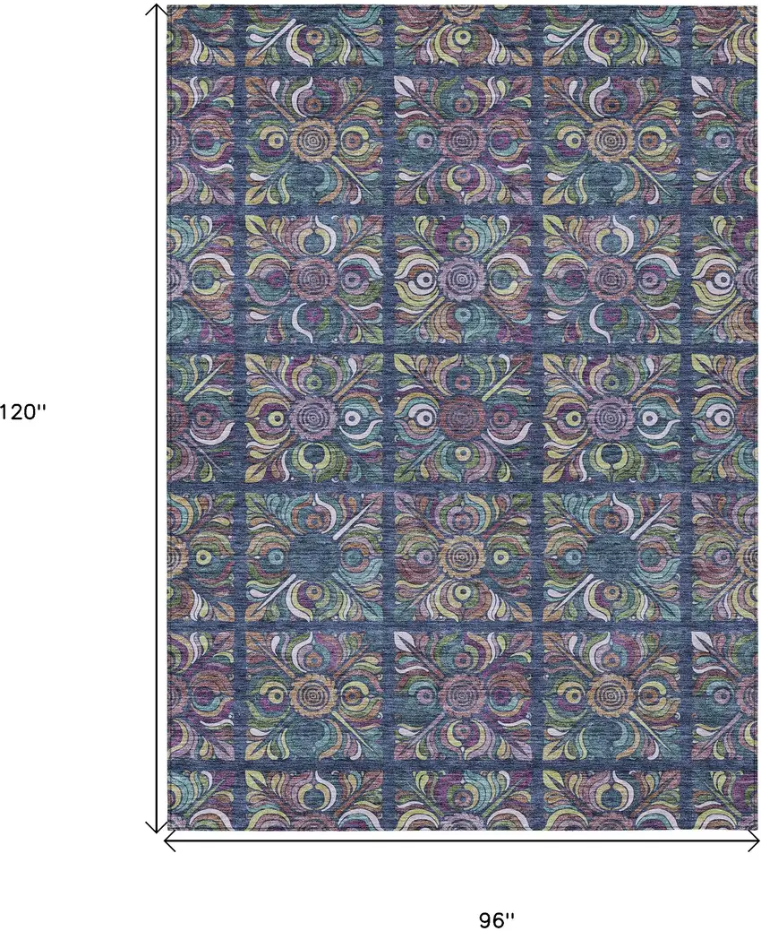 Navy Blue Purple And Teal Blue Medallion Washable Indoor Outdoor Area Rug Photo 3