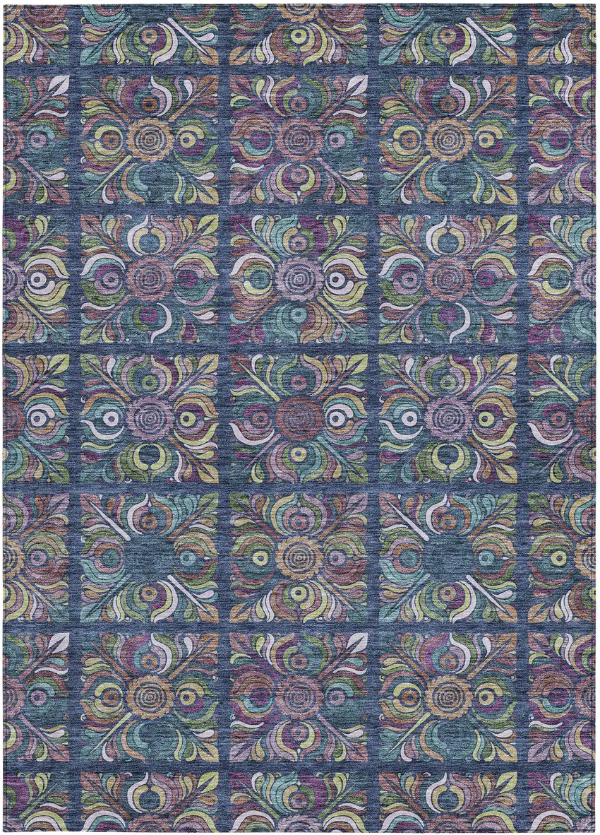 Navy Blue Purple And Teal Blue Medallion Washable Indoor Outdoor Area Rug Photo 8