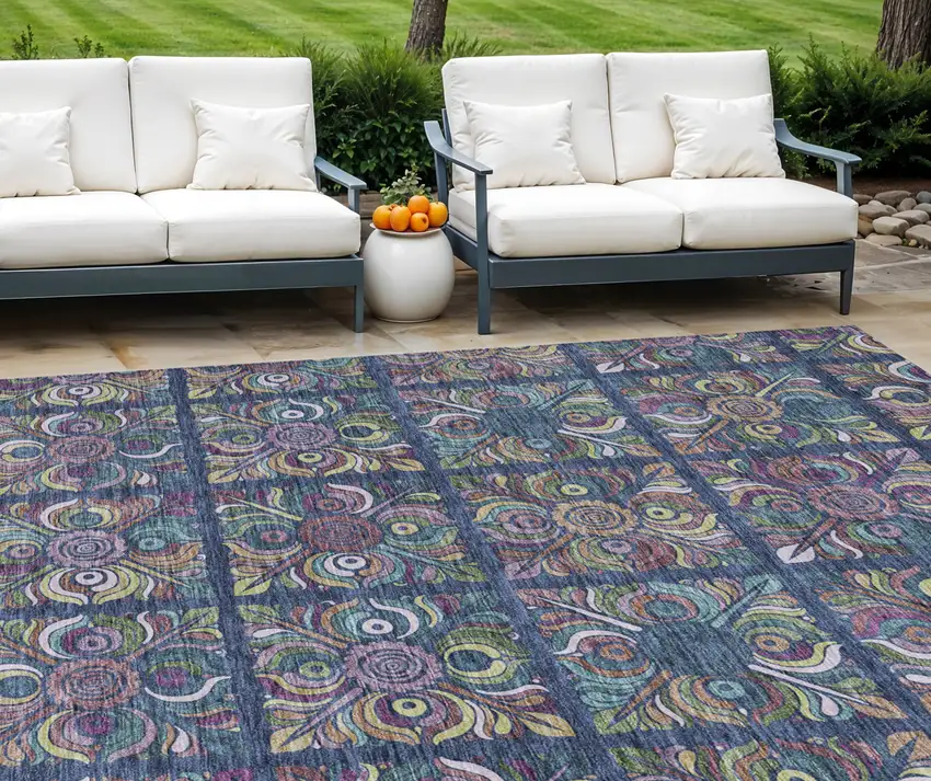 Navy Blue Purple And Teal Blue Medallion Washable Indoor Outdoor Area Rug Photo 1