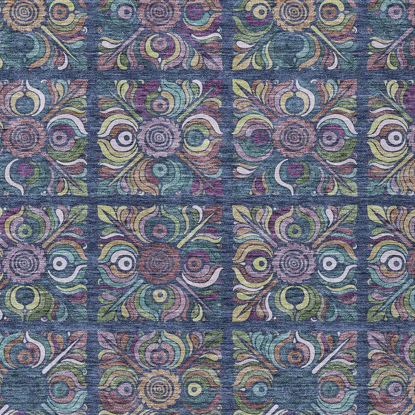 Navy Blue Purple And Teal Blue Medallion Washable Indoor Outdoor Area Rug Photo 7