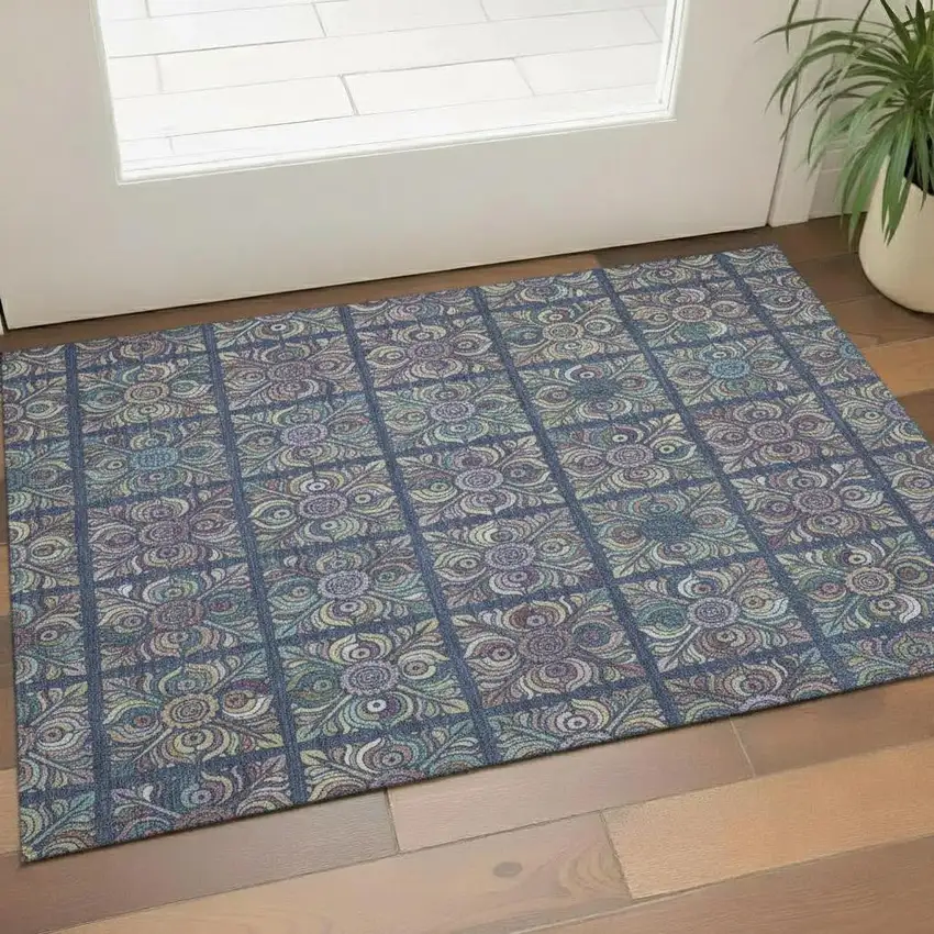Navy Blue Purple And Teal Medallion Washable Area Rug With UV Protection Photo 1