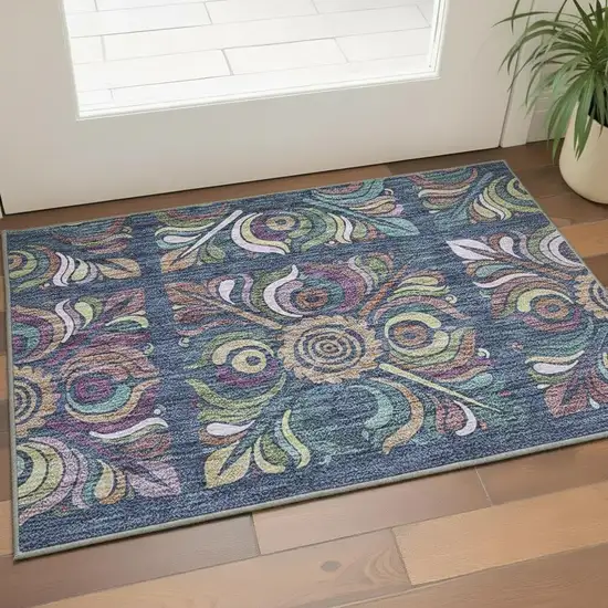 Navy Blue Purple And Teal Medallion Washable Area Rug With UV Protection Photo 2