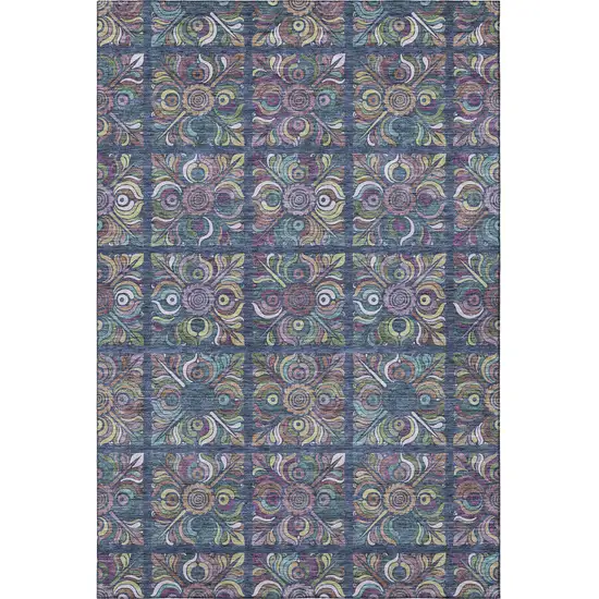 Navy Blue Purple And Teal Medallion Washable Area Rug With UV Protection Photo 4