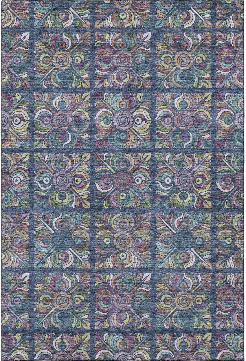 Navy Blue Purple And Teal Medallion Washable Area Rug With UV Protection Photo 4