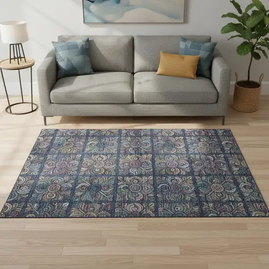 Navy Blue Purple And Teal Medallion Washable Area Rug With UV Protection Photo 2