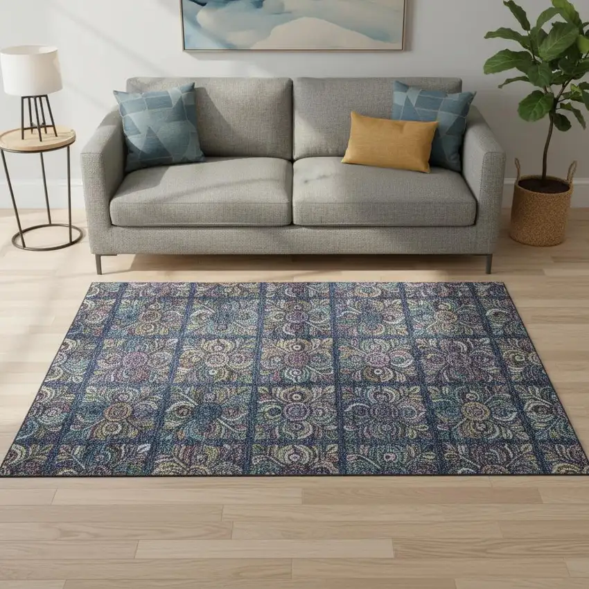 Navy Blue Purple And Teal Medallion Washable Area Rug With UV Protection Photo 2