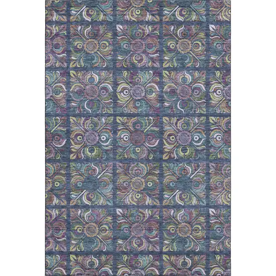 Navy Blue Purple And Teal Medallion Washable Area Rug With UV Protection Photo 1
