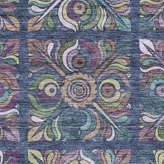 Navy Blue Purple And Teal Medallion Washable Area Rug With UV Protection Photo 1